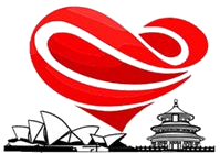 Huaxia Chinese Culture School's logo. Red heart over the Sydney Opera House and Tian Tan, the Sky Palace in Beijing China.